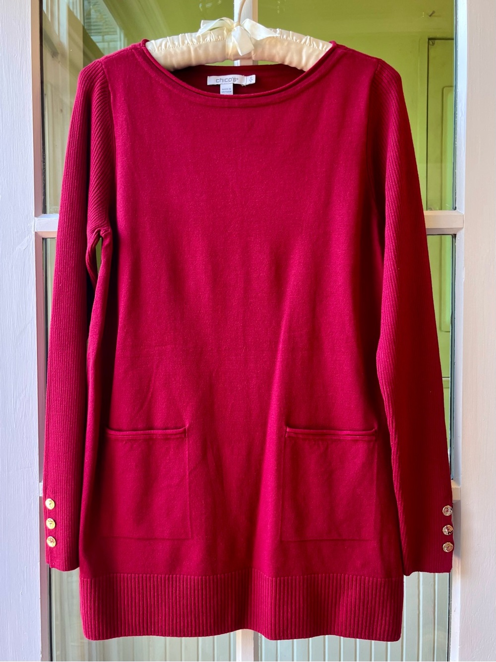 Chico's Super Soft Red Crewneck Sweater Top w/ Pockets & Rose Gold Cuff Buttons